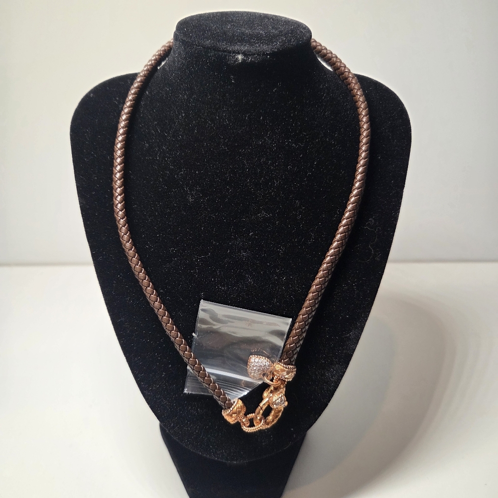 Judith Ripka Rose Gold Over Sterling Silver Heart CZ Brown Leather Necklace